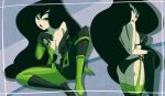  1girl absurdres ass bare_shoulders black_bra black_gloves black_hair black_lips black_panties bodysuit boots bra breasts from_behind gloves green_eyes highres inker_comics kim_possible_(series) long_hair looking_back medium_breasts multicolored_bodysuit navel panties shego thighhighs thighs underwear 