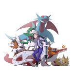 2boys black_hairband black_sclera blue_eyes blue_gemstone blue_gloves bright_pupils brown_eyes chien-pao collared_shirt colored_sclera commission fingerless_gloves fire flying full_body gallade gem gloves green_eyes green_hair hairband highres jolteon lizard looking_at_viewer lycanroc lycanroc_(dusk) multiple_boys necktie orange_fur pants pokemon pokemon_(creature) pokemon_sv purple_necktie purple_pants purple_shirt robinlovesop salamence school_uniform shirt shoes simple_background sitting skeledirge standing uva_academy_school_uniform white_background white_fur white_hair white_pupils white_shoes yellow_eyes yellow_fur 