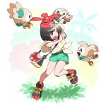  1girl bag biting black_hair commentary_request eyelashes flying green_shorts hat holding holding_poke_ball npty one_eye_closed open_mouth poke_ball poke_ball_(basic) pokemon pokemon_(creature) pokemon_sm red_hat rowlet selene_(pokemon) shirt shoes short_hair shorts teeth upper_teeth_only yellow_shirt z-ring 