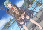  1girl absurdres adapted_turret aircraft aircraft_catapult airplane aqua_eyes aqua_hair artillery ascot bare_legs blush breasts brown_jacket brown_skirt cannon day e16a_zuiun fairy_(kancolle) flight_deck hair_between_eyes hair_ornament hairclip highres jacket kantai_collection large_breasts long_hair long_sleeves looking_at_viewer machinery mast outdoors pleated_skirt rigging school_uniform shikabiscuit ship_turret skirt smile suzuya_(kancolle) suzuya_kai_ni_(kancolle) twitter_username 