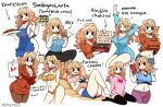  1girl apron arrow_(symbol) bikini blonde_hair box box_of_chocolates bra breasts burger eating english_text food freckles heart heart_print highres ida_(murgoten) leggings long_hair mole mole_on_breast murgoten naked_apron navel original profanity swedish_text swimsuit taking_picture teacher test_score translation_request underwear v waking_up 