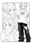  1girl ;d alternate_costume animal_print blush curtained_hair dog_print flower full_body gradient_hair greyscale grin hair_flower hair_ornament hand_on_own_hip hasu_no_sora_school_uniform highres inward_v link!_like!_love_live! looking_at_viewer love_live! mantle_(working_1220) monochrome multicolored_hair multiple_views one_eye_closed open_mouth osawa_rurino pants parted_bangs print_shirt sailor_collar school_uniform shirt shoes short_sleeves smile standing t-shirt twintails v virtual_youtuber winter_uniform zipper 