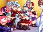  bangs braid breasts glasses hair_ribbon harem huge_breasts jadenkaiba mature multiple_girls original parted_bangs ponytail ribbon twin_braids twintails 