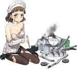  boots bowl breasts brown_eyes brown_hair carrying_bag chopsticks damaged donburi food glasses handle hat headdress jewelry jiji kantai_collection large_breasts long_hair lowres machinery necklace official_art on_ground pantyhose ribbed_sweater roma_(kantai_collection) short_hair skirt solo source_request sweater torn_clothes torn_legwear torn_sweater transparent_background turret wheel 