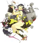  akira_(kadokawa) barefoot black_hair bowl breasts food full_body gyuudon kantai_collection long_hair machinery mizuho_(kantai_collection) official_art open_mouth panties pantyhose shoes single_shoe small_breasts smoke solo source_request torn_clothes torn_legwear transparent_background underwear 