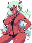  areola_slip areolae ass_visible_through_thighs bad_id bad_pixiv_id belly black_swimsuit bracelet breasts collar demon_girl fang green_eyes green_hair grin hand_on_hip highres horns jewelry large_breasts lips long_hair looking_at_viewer moisture_(chichi) navel panty_&amp;_stocking_with_garterbelt plump red_skin scanty_(psg) slingshot_swimsuit smile solo spiked_bracelet spikes swimsuit thick_thighs thighs 