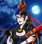  bayonetta bayonetta_(character) black_hair blue_eyes breasts cleavage cleavage_cutout cloud earrings emptycicada full_moon glasses gloves gun highres jewelry lipstick long_hair makeup mascara mole mole_under_mouth moon night night_sky one_eye_closed pink_lipstick sky solo upper_body weapon white_gloves 