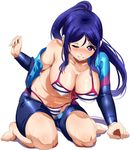  barefoot bikini blue_hair blush breasts highres large_breasts long_hair love_live! love_live!_sunshine!! matsuura_kanan ponytail purple_eyes solo striped striped_bikini swimsuit thighs umakatsuhai wet wetsuit white_background 