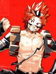  1boy abs boku_no_hero_academia cowboy_shot highres kirishima_eijiro muscular muscular_male red_background red_eyes red_hair sharp_teeth short_hair simple_background solo spiked_hair takeuchi_(a3) teeth topless_male twitter_username watermark 