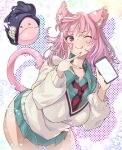  1girl ;p amate_yuzuriha amate_yuzuriha_(cosplay) animal_ears aqua_hair aqua_shirt aqua_skirt beanie black_necktie blush breasts cardigan cat_ears cat_girl cat_tail closed_mouth cosplay english_text fingernails gundam gundam_gquuuuuux haro hat highres holding holding_phone huge_breasts indie_virtual_youtuber leaning_to_the_side long_sleeves looking_at_viewer medium_hair multicolored_hair nail_polish necktie one_eye_closed phone pink_eyes pink_hair pink_nails polka_dot polka_dot_background purple_hat red_necktie shirt skirt smile streaked_hair striped_necktie tail tenshouin_himeno thighs thomasz tongue tongue_out virtual_youtuber white_background white_cardigan 