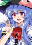  :d blush bow bowtie collared_shirt commentary date_pun e.o. food food_on_head fruit fruit_on_head happy hat highres hinanawi_tenshi long_hair looking_at_viewer number_pun object_on_head open_mouth peach red_eyes shirt smile solo touhou upper_body very_long_hair w 
