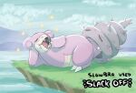 2024 4chan_anon ambiguous_gender anthro claws cloud day detailed_background digital_media_(artwork) english_text eyes_closed fangs feet finger_claws fingers full-length_portrait generation_1_pokemon grass lying multicolored_body nintendo on_side open_mouth outside overweight overweight_ambiguous overweight_anthro pink_body pink_tongue plant pokemon pokemon_(species) portrait shaded slowbro solo sparkles tail tan_body teeth text toe_claws toes tongue two_tone_body