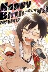  07_yzy 1boy bangle birthday black_hair black_necktie bracelet collarbone collared_shirt commentary_request dated earrings english_text fingernails flower flower_necklace glasses green_eyes hair_between_eyes hands_up happy_birthday highres holding holding_microphone idol idol_clothes idolmaster idolmaster_side-m iseya_shiki jewelry looking_at_viewer microphone music necklace necktie official_alternate_costume one_eye_closed open_clothes open_mouth open_vest pink-framed_eyewear portrait reaching reaching_towards_viewer red_vest ring semi-rimless_eyewear shirt short_hair short_sleeves singing smile solo standing straight_hair sweat teeth tongue under-rim_eyewear vest white_flower white_shirt wristband 