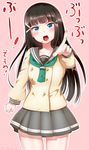  1girl aqua_eyes black_hair koutakunnohito kurosawa_dia long_hair love_live! love_live!_sunshine!! pointing pointing_at_viewer school_uniform scolding translation_request 