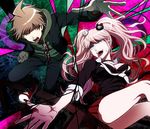  1girl bear_hair_ornament blue_eyes breasts brown_eyes brown_hair cleavage danganronpa danganronpa_1 enoshima_junko hair_ornament highres hood hoodie jacket layered_clothing medium_breasts mitsumame0810 multicolored multicolored_background naegi_makoto nail_polish necktie outstretched_arm pink_hair pleated_skirt red_nails red_skirt shoes skirt sneakers spoilers tongue tongue_out twintails 