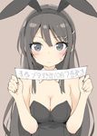  :&lt; animal_ears black_hair blue_eyes blush breasts bunny_ears bunnysuit cleavage commentary_request detached_collar fake_animal_ears hair_ornament hairband hairclip holding holding_sign jpeg_artifacts long_hair looking_at_viewer medium_breasts peko release_date sakurajima_mai seishun_buta_yarou sign simple_background solo sweatdrop translation_request upper_body 