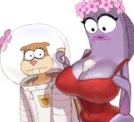 anthro armor astronaut_suit big_breasts bikini breasts buckteeth clothing duo eyelashes female fish flower flower_crown headgear helmet hi_res huge_breasts ice_cream_on_breasts looking_at_breasts mammal marine nickelodeon nipple_outline nipples non-mammal_breasts non-mammal_nipples one-piece_swimsuit plant purple_body rodent sandy_cheeks sciurid showgirl_fish_(spongebob) spongebob_squarepants swimwear teeth thick_thighs tree_squirrel two-piece_swimsuit wassnonnam wide_hips