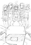  5girls belt blush cellphone cellphone_strap earrings embarrassed enjin facepalm fujimoto_rina greyscale hisakawa_chin hood hoodie idolmaster idolmaster_cinderella_girls jewelry kimura_natsuki long_hair matsunaga_ryou measuring monochrome mukai_takumi multiple_girls open_mouth p-head_producer pants phone pointing ponytail short_hair shorts sigh steam sweat sweatdrop taking_picture tape_measure tears trembling wavy_mouth yamato_aki 