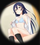  blue_hair blush bra flat_chest highres long_hair looking_at_viewer love_live! love_live!_school_idol_project masamuuu open_clothes peephole solo sonoda_umi underwear undressing yellow_eyes 