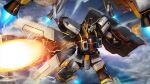  absurdres artist_request atlas_gundam battle beam_rifle cloud cloudy_sky copyright_logo earth_federation energy energy_beam energy_gun firing flying gundam gundam_battle_operation_2 gundam_thunderbolt highres machinery mecha mecha_focus mobile_suit realistic robot science_fiction shield sky sunrise_(company) thrusters v-fin weapon 