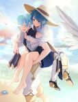  2boys :d ^_^ ahoge artist_name asymmetrical_hair bag barefoot black_shirt blue_hair blue_shorts blue_sky blurry blurry_background blush bow brown_bag brown_hat carrying chongyun_(genshin_impact) closed_eyes closed_mouth cloud colored_eyelashes commentary day diffraction_spikes english_commentary feet frilled_shirt_collar frilled_sleeves frills genshin_impact hair_between_eyes happy hat holding holding_shoes light_particles long_sleeves male_focus mikanchii multiple_boys open_mouth outdoors pants parted_bangs piggyback sand satchel seashell shell shirt shoes short_hair short_shorts shorts sky sleeveless sleeveless_shirt smile standing starconch_(genshin_impact) sun_hat sunlight teeth toes tree unworn_shoes upper_teeth_only walking water wet wet_clothes wet_hair white_bow white_pants white_shirt wide_sleeves xingqiu_(genshin_impact) yellow_eyes 
