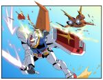  afterburner aircraft artist_request battle blue_sky damaged debris dust_cloud earth_federation energy_sword flying gundam machinery mecha mobile_suit_gundam motion_blur robot roundel rx-78-2_gundam science_fiction shield sky sword thrusters v-fin weapon yellow_eyes zeon 