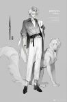  1boy absurdres ankle_belt armband asymmetrical_bangs barcode belt blue_eyes borzoi bracelet charen_shuibu_xing chinese_commentary closed_mouth coat_partially_removed collarbone collared_coat collared_shirt commentary_request creature_and_personification cross-laced_shoes dress_pants dress_shoes expressionless eyebrow_piercing eyes_visible_through_hair full_body grey_background greyscale hair_over_one_eye high-waist_pants highres jewelry lapels lipstick long_sleeves makeup male_focus monochrome neck_tattoo notched_lapels original pants pectoral_cleavage pectorals personification piercing shirt short_hair simple_background solo spot_color standing tattoo three-quarter_sleeves watch watermark weibo_watermark wristwatch 