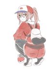  angelo_(gomahangetsu) ass female_protagonist_(pokemon_go) green_eyes hat highres long_hair looking_at_viewer poke_ball pokemon pokemon_go ponytail pout shorts simple_background solo squatting white_background 