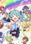  &gt;_&lt; 2boys 6+girls ahoge animal_ears aoiyui art_brush black_boots black_shorts black_skirt black_thighhighs blonde_hair blush boots bow bowtie brown_eyes brown_hair closed_mouth collared_shirt detached_sleeves goggles goggles_on_head green_hair green_shorts hair_between_eyes hair_bow hair_ribbon hatsune_miku highres holding holding_pen hugging_own_legs ia_(vocaloid) jacket kagamine_len kagamine_rin kasane_teto kasane_teto_(sv) lace-up_boots looking_at_object megurine_luka meiko_(vocaloid) multiple_boys multiple_girls niconico open_mouth orange_jacket otomachi_una otomachi_una_(sv) paintbrush pen pink_hair red_eyes red_hair red_jacket red_socks ribbon sailor_collar shirt short_hair shorts skirt sleeveless sleeveless_shirt socks synthesizer_v terebi-chan thighhighs utau vocaloid voiceroid voicevox white_bow white_shirt yellow_bow yellow_bowtie zundamon 