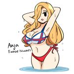  1girl bikini black_eyes blonde_hair faroese_flag_bikini grin long_hair multicolored_bikini murgoten original red_lips side-tie_bikini_bottom smile swimsuit water wavy_hair white_bikini 