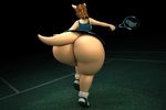  2016 3d_(artwork) abigail_roo anthro anthroanim ball big_butt brown_hair butt clothed clothing digital_media_(artwork) female hair hat kangaroo mammal marsupial racquet simple_background skirt solo sport tennis tennis_ball tennis_racquet thick_thighs wide_hips 