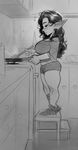  clothing cooking female humanoid incase monochrome pointy_ears shorts solo thick_thighs 