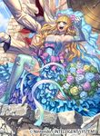  1girl blonde_hair blue_eyes bouquet bow breasts carrying_over_shoulder chain character_request charlotte_(fire_emblem_if) cleavage company_name dress elbow_gloves fire_emblem fire_emblem_cipher fire_emblem_if flower gloves hair_bow izuka_daisuke jewelry large_breasts long_hair official_art open_mouth pink_bow thighhighs tiara wavy_hair wedding_dress zettai_ryouiki 