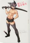  abs armpits bike_shorts boots bulge eyepatch fingerless_gloves full_body genderswap genderswap_(ftm) gloves headgear highres kantai_collection katana male_focus mikoyan muscle nipples open_mouth original purple_hair scabbard sheath sheathed solo sword tenryuu_(kantai_collection) thigh_boots thighhighs toned toned_male translation_request underwear underwear_only weapon 