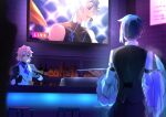  3boys :d albedo_(genshin_impact) aqua_eyes artist_name ascot asymmetrical_hair bar_(place) bar_spoon bartender black_gloves black_shirt black_vest blonde_hair blue_ascot blue_eyes blue_hair bottle braid buttons chongyun_(2nd_anniversary)_(genshin_impact) chongyun_(genshin_impact) closed_mouth commentary counter cup cymbals english_commentary expressionless facing_away flat_screen_tv frilled_sleeves frills from_behind genshin_impact gloves half_up_half_down_braid hands_up holding holding_cup holding_tray indoors instrument long_sleeves looking_at_viewer male_focus medium_hair microphone mikanchii multiple_boys open_mouth parted_bangs plant pouring shelf shirt short_hair sleeveless sleeveless_shirt smile standing stool sweat teeth television towel towel_on_arm tray upper_teeth_only vest white_shirt white_vest wide_sleeves xingqiu_(genshin_impact) 