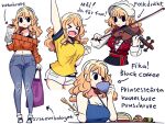  1girl black_bra blonde_hair bra breasts cinnamon_roll cleavage cropped_sweater denim doner_kebab food freckles highres ida_(murgoten) instrument jeans long_hair murgoten pants princess_cake punsch_roll ribbed_sweater shish_kebab soccer_shirt sweater sweden swedish_clothes swedish_text torn_clothes torn_jeans torn_pants translation_request underwear violin wavy_hair 