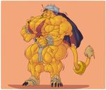  2016 abs bancholeomon biceps big_biceps black_claws black_nose cape claws clothed clothing colored digimon digital_drawing_(artwork) digital_media_(artwork) feline front_view fur humanoid_hands hyper hyper_muscles light lion loincloth male mammal multicolored_fur muscular muscular_male pecs purple_clothing quads red_fur schwartzgeist serratus shaded standing sweat thick_neck toony topless triceps two_tone_fur yellow_fur 