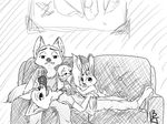  2016 anthro arctic_fox black_and_white canine clothed clothing disney eating feeding female food fox fruit fur grapes group half-closed_eyes hand_holding hand_on_head head_on_lap ittybittykittytittys jack_savage judy_hopps lagomorph looking_at_viewer lying male mammal monochrome nick_wilde on_back on_lap rabbit sitting skye_(zootopia) smile sofa tail_hug zootopia 