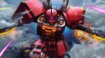  absurdres artist_request battle cable cloud cloudy_sky copyright_logo dual_wielding flying gundam gundam_battle_operation_2 gundam_thunderbolt heat_hawk highres holding machinery mecha mecha_focus mobile_suit no_humans official_art one-eyed realistic robot science_fiction shield sky sunrise_(company) thrusters zaku_ii zaku_ii_(reuse_p_device) zeon 