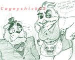 2015 anthro apron arms_bent artist_name asking_another avian beak bear bird black_eyebrows black_sclera bottomwear bow_tie breasts button_(fastener) cageyshick05_(artist) chicken clothed clothed_anthro clothed_female clothed_male clothing dialogue duo english_description eyebrows eyelashes feather_hair feathers female female_anthro five_nights_at_freddy&#039;s five_nights_at_freddy&#039;s_4 freddy_(fnaf) fully_clothed fully_clothed_anthro fully_clothed_female galliform gallus_(genus) green_and_white green_bottomwear green_bow_tie green_clothing green_eyelids green_shirt green_shorts green_tank_top green_top_hat green_topwear hands_on_own_hips leaning leaning_forward looking_at_another low_res male male_anthro mammal monochrome name_drop name_in_dialogue nightmare_chica_(fnaf) non-mammal_breasts pen_(artwork) phasianid pseudo_hair question scottgames sharp_teeth shirt shorts simple_background speech_bubble tank_top teeth text thick_eyebrows topwear traditional_media_(artwork) whisker_spots white_background worried
