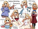  1girl beanie blonde_hair bra coat eating fishnet_pantyhose fishnets freckles hat heart heart_print highres holding holding_stuffed_toy ida_(murgoten) leggings long_hair murgoten original panties pantyhose red_bra red_panties sauna scarf shirt stuffed_animal stuffed_shark stuffed_toy swedish_text translation_request underwear white_shirt 