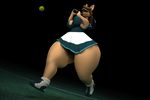  2016 3d_(artwork) abigail_roo anthro anthroanim armpits ball big_butt brown_hair butt clothed clothing digital_media_(artwork) female hair hat kangaroo mammal marsupial racquet running simple_background skirt smile solo sport swinging tennis tennis_ball tennis_racquet thick_thighs wide_hips 