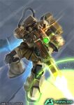  artist_request backpack bag bandai battle beam_rifle cable copyright_logo energy_gun firing gun gundam gundam_arsenal_base gundam_unicorn machinery mecha mecha_focus neo_zeon official_art realistic rifle robot science_fiction scope sniper_rifle title weapon zaku_i_sniper_type 