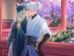  2boys ahoge architecture armor artist_name blue_eyes blue_hair blue_robe blush braid bush cherry_blossoms chinese_clothes chongyun_(genshin_impact) closed_eyes clothing_request colored_eyelashes commentary day earrings east_asian_architecture english_commentary falling_petals floral_print flower genshin_impact hair_between_eyes hair_ornament hair_ribbon half_up_braid hand_fan hand_up high_ponytail holding holding_fan jewelry kiss long_hair long_sleeves looking_to_the_side male_focus mandarin_collar mikanchii multiple_boys parted_bangs petals pink_flower ponytail ribbon robe sheath sheathed sidelocks silk_flower_(genshin_impact) single_earring standing stepping_stones sword tassel topknot tree tuanshan vambraces vision_(genshin_impact) weapon white_flower wide_sleeves xiao_guan_(headdress) xingqiu_(genshin_impact) yaoi yellow_ribbon 