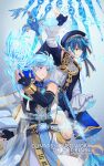  2boys alternate_costume arm_up artist_name ascot asymmetrical_hair belt beret black_belt black_gloves black_shirt blue_coat blue_eyes blue_eyeshadow blue_flower blue_hair blue_hat blue_ribbon blue_shorts blue_spider_lily book bracelet center_frills chongyun_(genshin_impact) coat coat_on_shoulders commentary commission detached_sleeves earrings elbow_gloves english_commentary eyeshadow fingerless_gloves floating floating_book floating_object flower frilled_sleeves frills genshin_impact gloves gold_trim grey_background hand_up hat hat_flower hat_ribbon holding holding_polearm holding_weapon jewelry light_particles long_sleeves makeup male_focus mikanchii multicolored_hair multiple_boys open_book pants parted_bangs parted_lips polearm ribbon see-through_clothes see-through_sleeves shirt short_hair short_shorts shorts single_earring sleeveless sleeveless_shirt smile spear spider_lily streaked_hair tassel tassel_earrings vision_(genshin_impact) water_drop watermark weapon white_pants white_shirt wide_sleeves xingqiu_(genshin_impact) yellow_eyes 