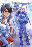  1boy 1girl blue_eyes brown_hair full_body gundam gundam_zz helmet highres holding holding_helmet long_hair mecha_pilot_suit mobile_suit normal_suit_(gundam) okrdisk2000 purple_eyes purple_hair unworn_headwear unworn_helmet zeta_gundam_(mobile_suit) 