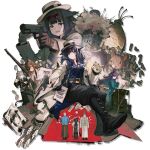  3boys 5girls animal_ears arknights arm_up between_breasts black_pants blue_shirt blush braid breasts character_request closed_mouth coat commentary_request cowboy_shot eyewear_on_head green_eyes grey_hat hat holding jessica_(arknights) jessica_the_liberated_(arknights) jessica_the_liberated_(ride_to_davistown)_(arknights) large_breasts long_hair long_sleeves looking_ahead multiple_boys multiple_girls official_alternate_costume official_art open_clothes open_coat pants pointing pointing_at_self purple_hair round_eyewear shirt simple_background solo source_request standing strap strap_between_breasts tail twin_braids white_background white_coat 
