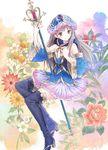  atelier_(series) atelier_meruru atelier_totori bare_shoulders blue_footwear blue_legwear blue_sleeves blush boots brown_eyes brown_hair flat_chest flower frills hair_ornament kishida_mel long_hair looking_at_viewer pleated_skirt simple_background sitting skirt smile solo staff thigh_boots thighhighs totooria_helmold zettai_ryouiki 