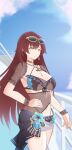  1girl absurdres bikini black_bikini black_sarong blue_sky breasts brown_hair cleavage commentary_request earrings eden_(flowing_rhyme)_(honkai_impact) eden_(honkai_impact) eyewear_on_head highres honkai_(series) honkai_impact_3rd jewelry large_breasts long_hair navel official_alternate_costume sarong sky smile solo sunglasses swimsuit wanzituanzimax yellow_eyes 