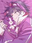  1boy animal_ear_hairband animal_ears arm_up black_hair closed_eyes colored_inner_hair commentary_request drooling eyelashes fake_animal_ears fang hairband highres jacket lying male_focus multicolored_hair murasakinoko_(watarai_hibari) nae_kiyo nijisanji on_side pawpads purple_hairband purple_jacket red_hair sleeves_past_wrists solo unzipped upper_body virtual_youtuber watarai_hibari zipper 